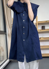 Vestidos de vacaciones de algodón con volantes y cuello Peter Pan de color azul vaquero de talla grande y manga corta